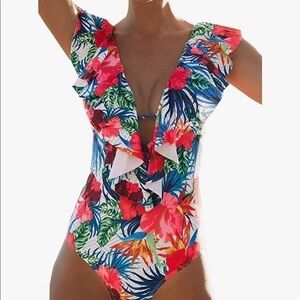 SPORLIKE Women One Piece Swimsuit V-Neck Ruffle Bathing Suit Padded Monokini NWT